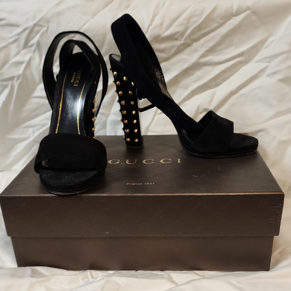 Gucci Black High Heel Sandals with Studded Detailing